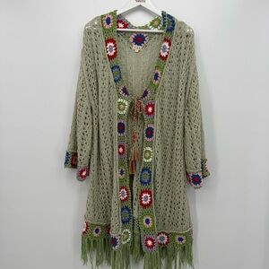 Crochet Trim Olive Green Open-Knit Women’s Sweater Cardigan